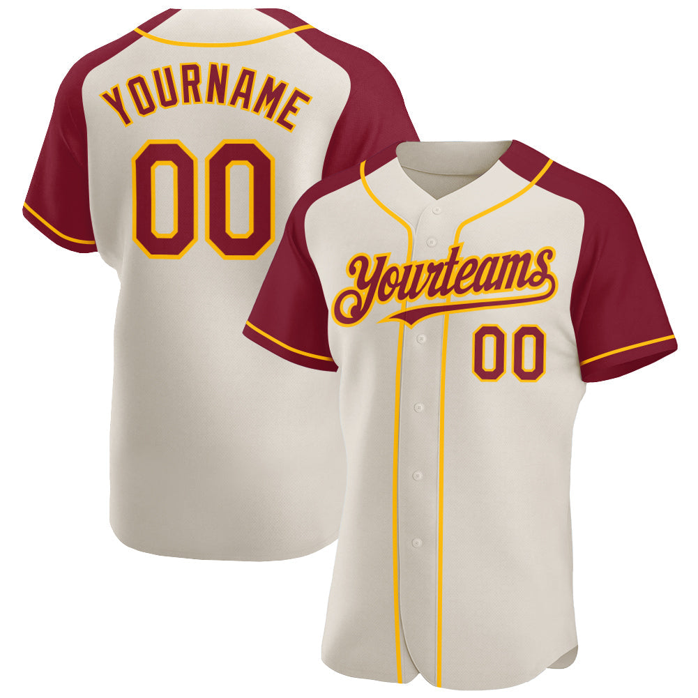 Custom Cream Crimson-Gold Authentic Raglan Sleeves Baseball Jersey baseball jersey product view 1