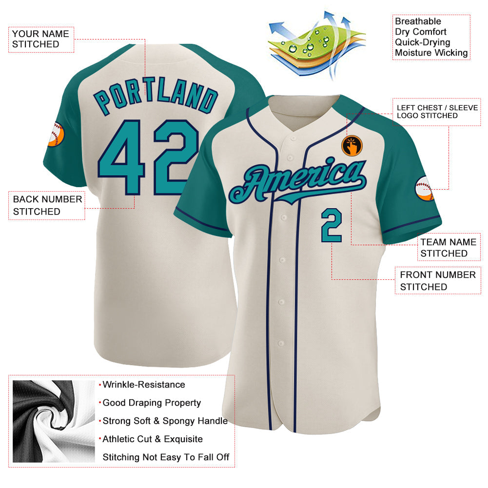 Custom Cream Teal-Navy Authentic Raglan Sleeves Baseball Jersey baseball jersey product view 3