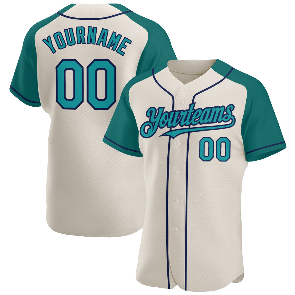 Custom Cream Teal-Navy Authentic Raglan Sleeves Baseball Jersey baseball jersey product view 1
