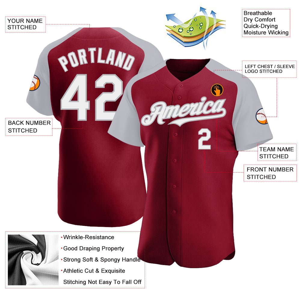 Custom Crimson White-Gray Authentic Raglan Sleeves Baseball Jersey baseball jersey product view 3
