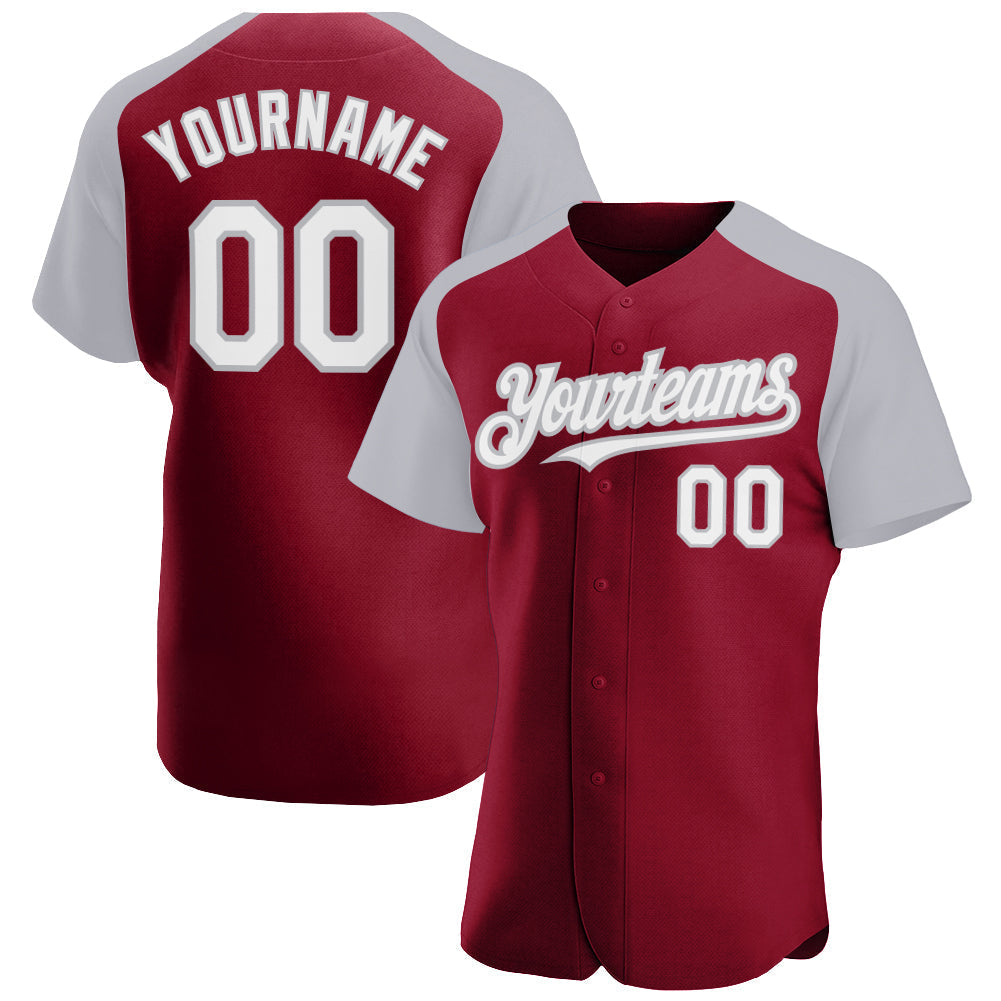 Custom Crimson White-Gray Authentic Raglan Sleeves Baseball Jersey baseball jersey product view 1