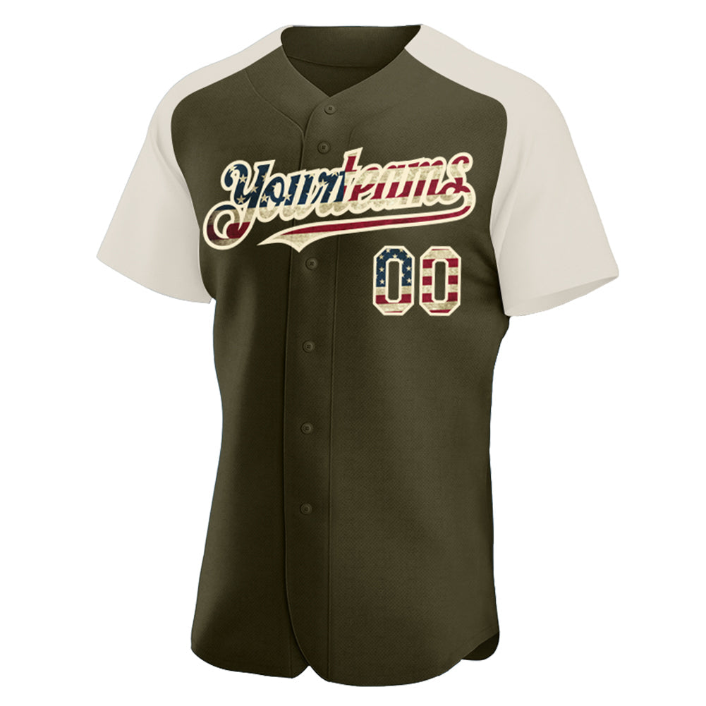 Custom Olive Vintage USA Flag-Cream Authentic Raglan Sleeves Salute To Service Baseball Jersey baseball jersey product view 2
