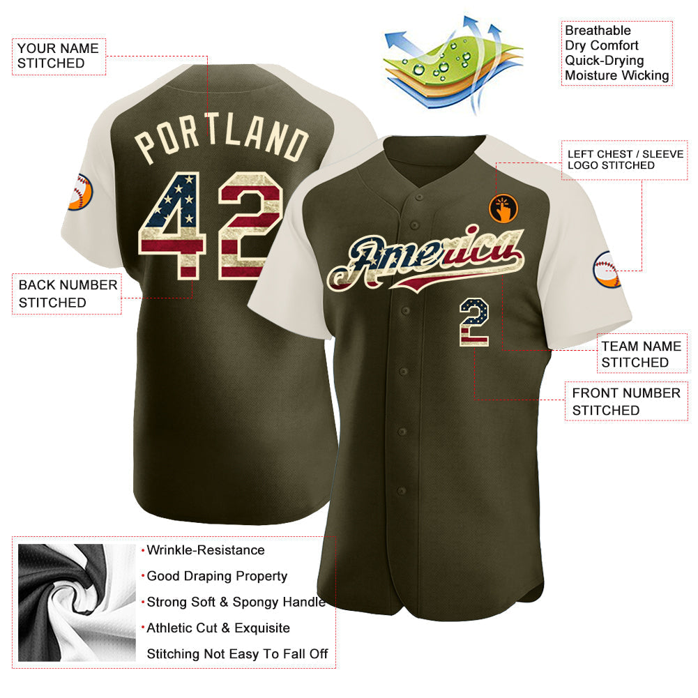 Custom Olive Vintage USA Flag-Cream Authentic Raglan Sleeves Salute To Service Baseball Jersey baseball jersey product view 3