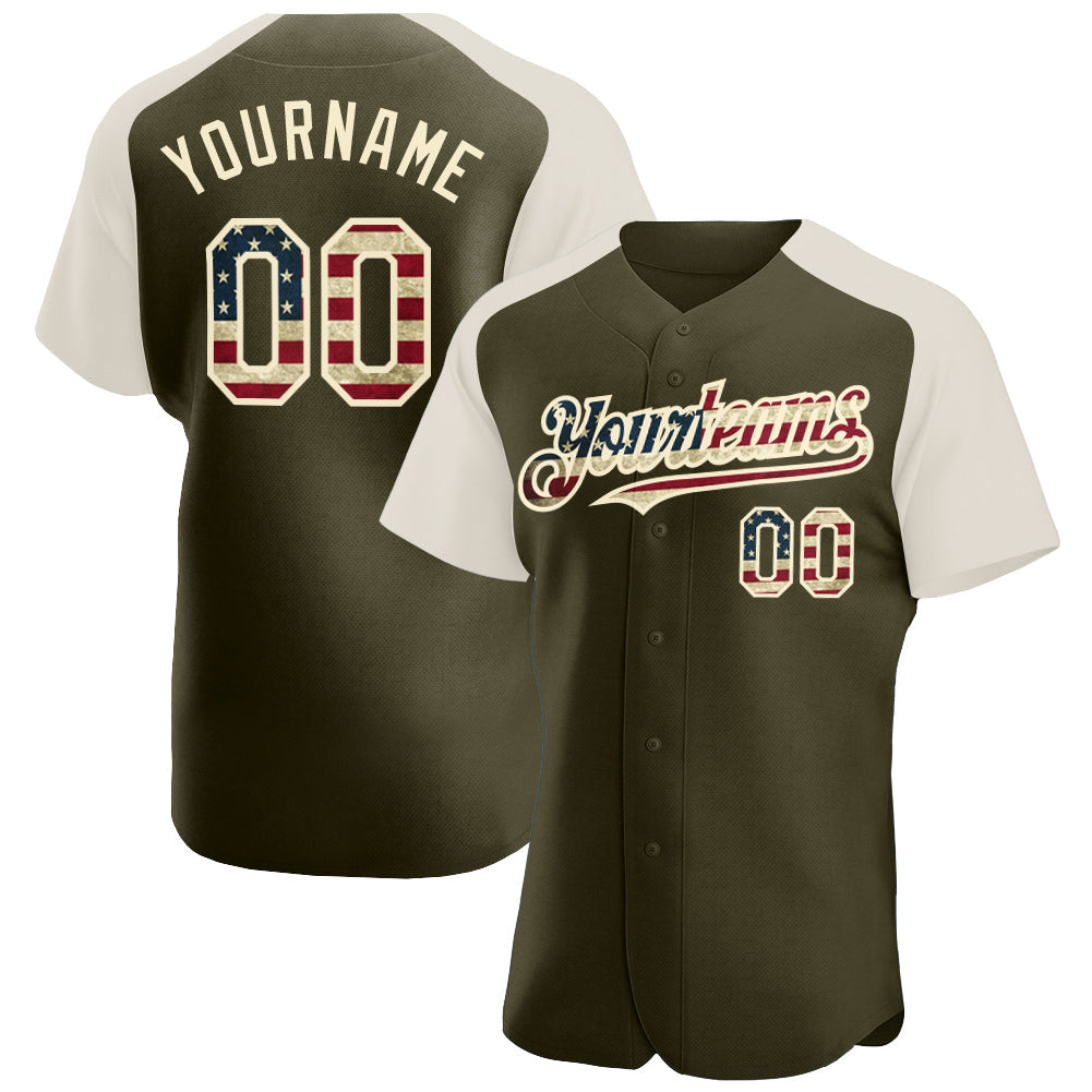 Custom Olive Vintage USA Flag-Cream Authentic Raglan Sleeves Salute To Service Baseball Jersey baseball jersey product view 1