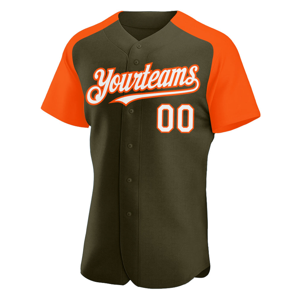 Custom Olive White-Orange Authentic Raglan Sleeves Salute To Service Baseball Jersey baseball jersey product view 2