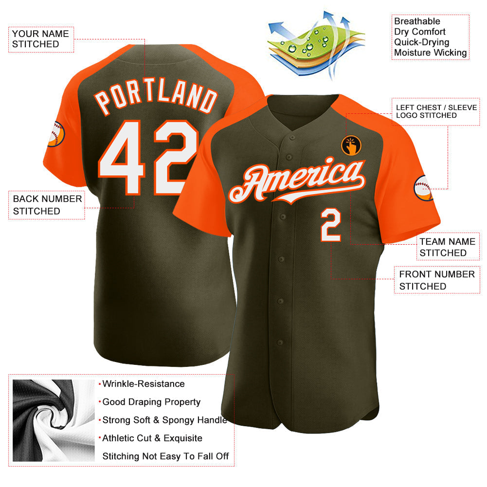Custom Olive White-Orange Authentic Raglan Sleeves Salute To Service Baseball Jersey baseball jersey product view 3