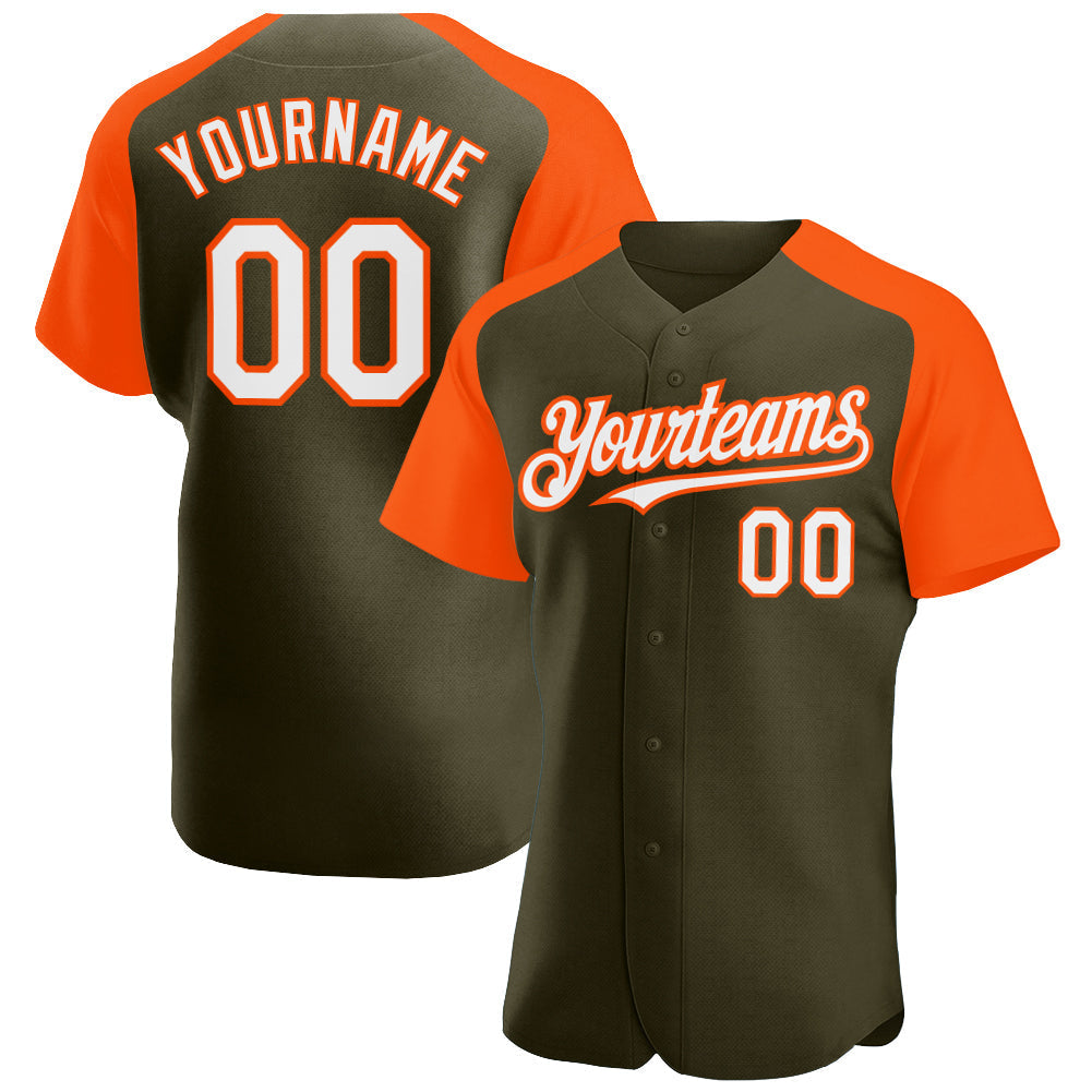 Custom Olive White-Orange Authentic Raglan Sleeves Salute To Service Baseball Jersey baseball jersey product view 1