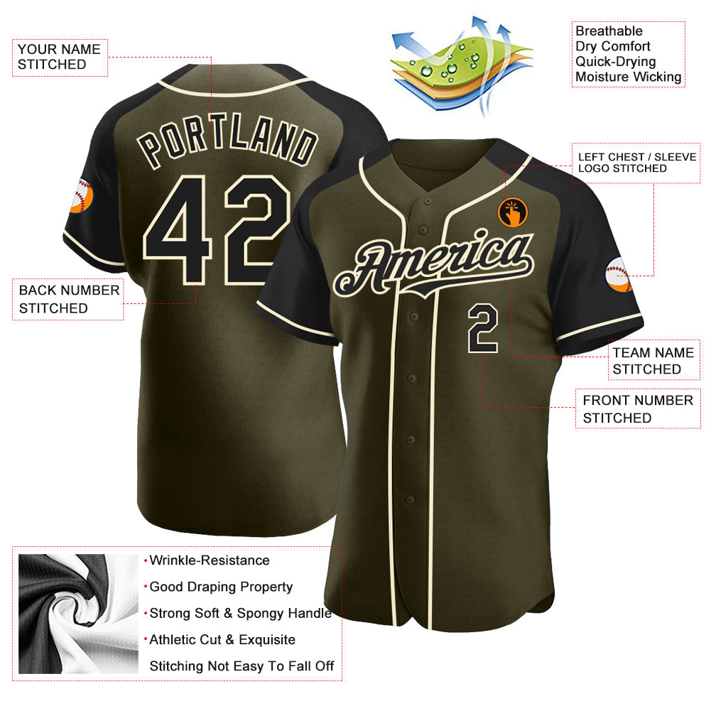 Custom Olive Black-Cream Authentic Raglan Sleeves Salute To Service Baseball Jersey baseball jersey product view 3