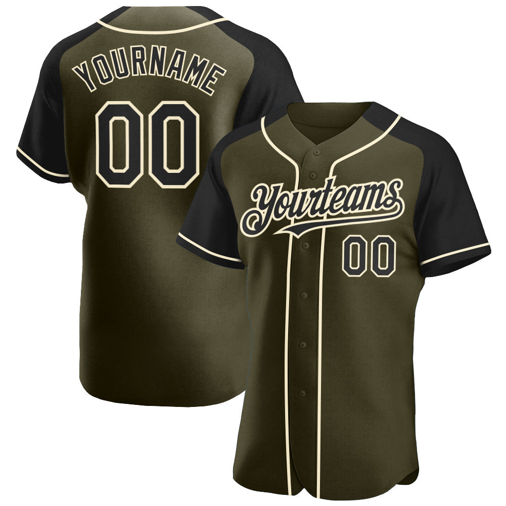Custom Olive Black-Cream Authentic Raglan Sleeves Salute To Service Baseball Jersey baseball jersey product view 1