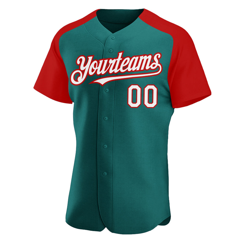 Custom Teal White-Red Authentic Raglan Sleeves Baseball Jersey baseball jersey product view 2
