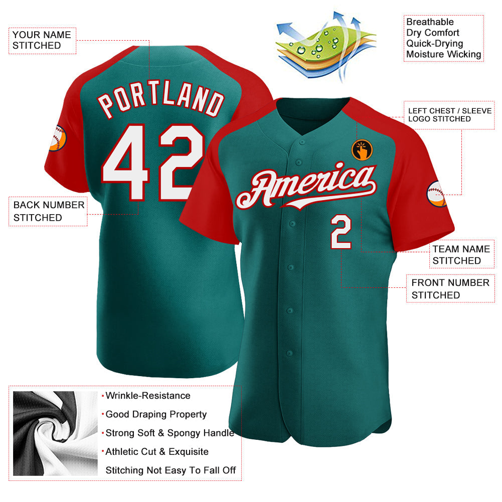 Custom Teal White-Red Authentic Raglan Sleeves Baseball Jersey baseball jersey product view 3