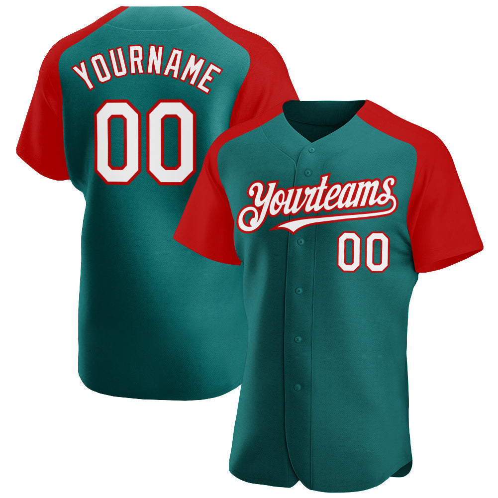 Custom Teal White-Red Authentic Raglan Sleeves Baseball Jersey baseball jersey product view 1
