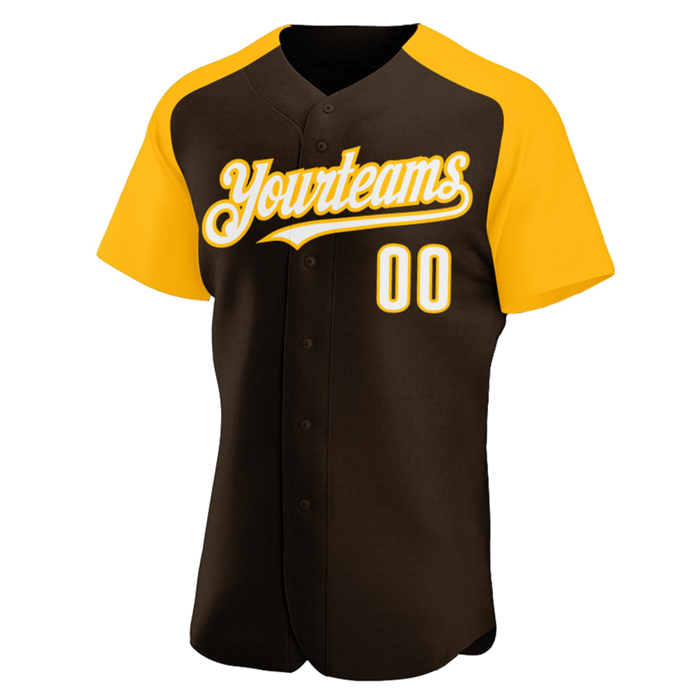 Custom Brown White-Gold Authentic Raglan Sleeves Baseball Jersey baseball jersey product view 2