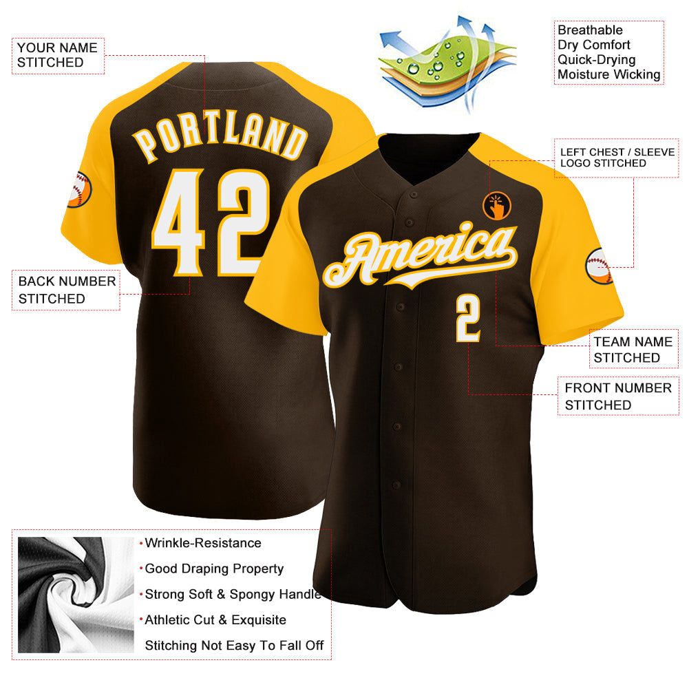 Custom Brown White-Gold Authentic Raglan Sleeves Baseball Jersey baseball jersey product view 3