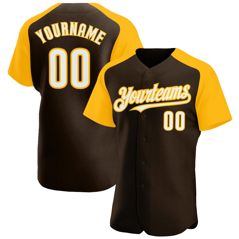 Custom Brown White-Gold Authentic Raglan Sleeves Baseball Jersey baseball jersey product view 1