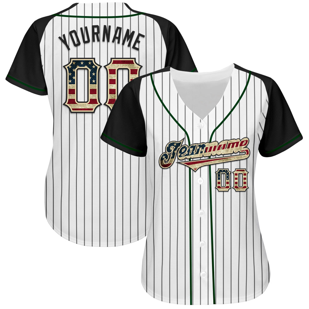 Custom White Black Pinstripe Vintage USA Flag Cream-Green Authentic Raglan Sleeves Baseball Jersey baseball jersey product view 2