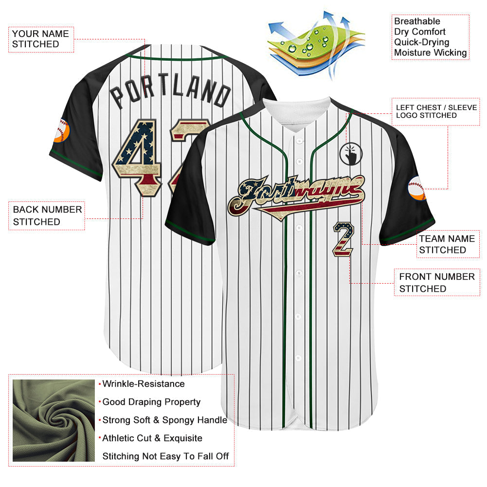 Custom White Black Pinstripe Vintage USA Flag Cream-Green Authentic Raglan Sleeves Baseball Jersey baseball jersey product view 3