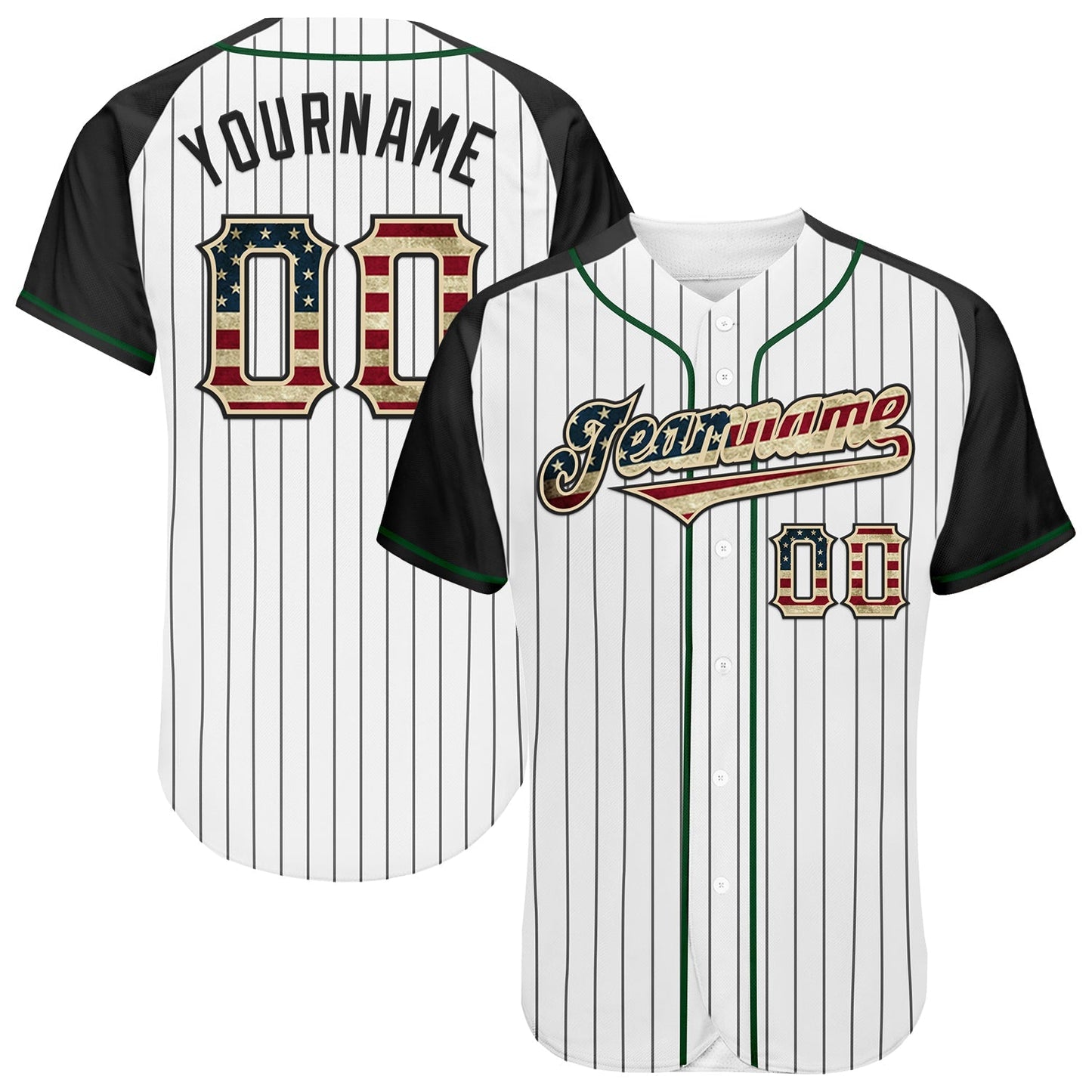 Custom White Black Pinstripe Vintage USA Flag Cream-Green Authentic Raglan Sleeves Baseball Jersey baseball jersey product view 1