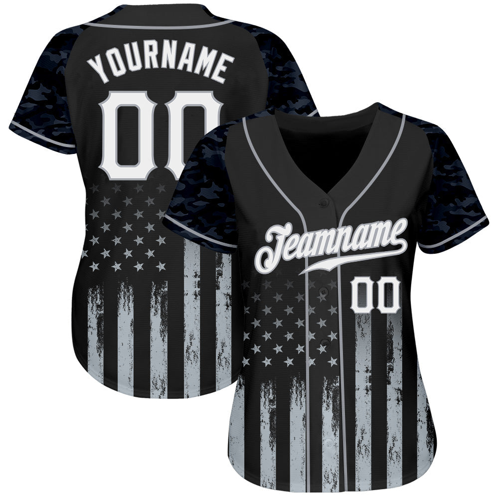 Custom Black White-Gray Camo Raglan Sleeves American Flag Patriotic Authentic Baseball Jersey baseball jersey product view 2