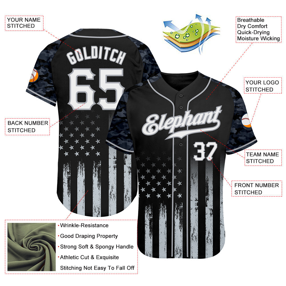 Custom Black White-Gray Camo Raglan Sleeves American Flag Patriotic Authentic Baseball Jersey baseball jersey product view 3