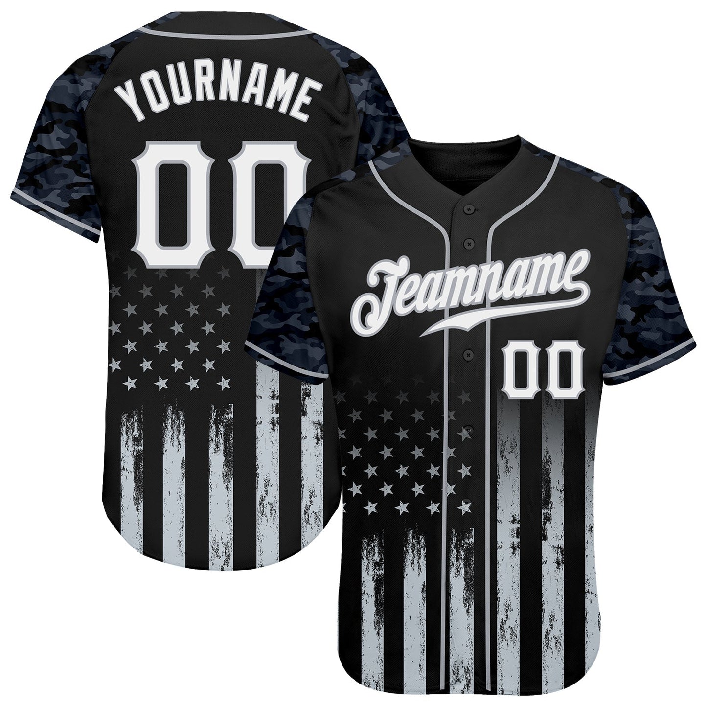 Custom Black White-Gray Camo Raglan Sleeves American Flag Patriotic Authentic Baseball Jersey baseball jersey product view 1