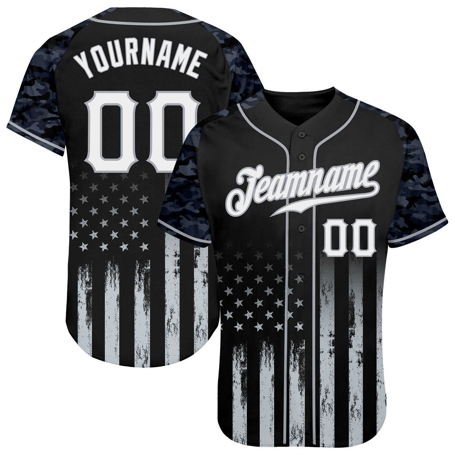 Custom Black White-Gray Camo Raglan Sleeves American Flag Patriotic Authentic Baseball Jersey baseball jersey product view 1