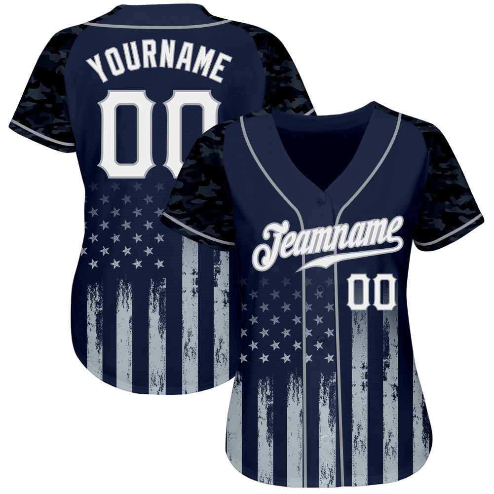 Custom Navy White-Gray Camo Raglan Sleeves American Flag Patriotic Authentic Baseball Jersey baseball jersey product view 2