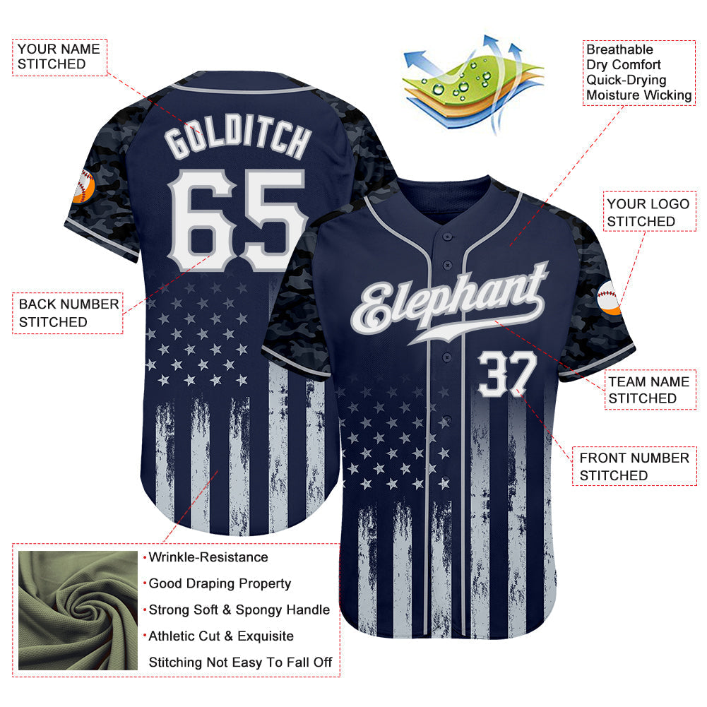 Custom Navy White-Gray Camo Raglan Sleeves American Flag Patriotic Authentic Baseball Jersey baseball jersey product view 3