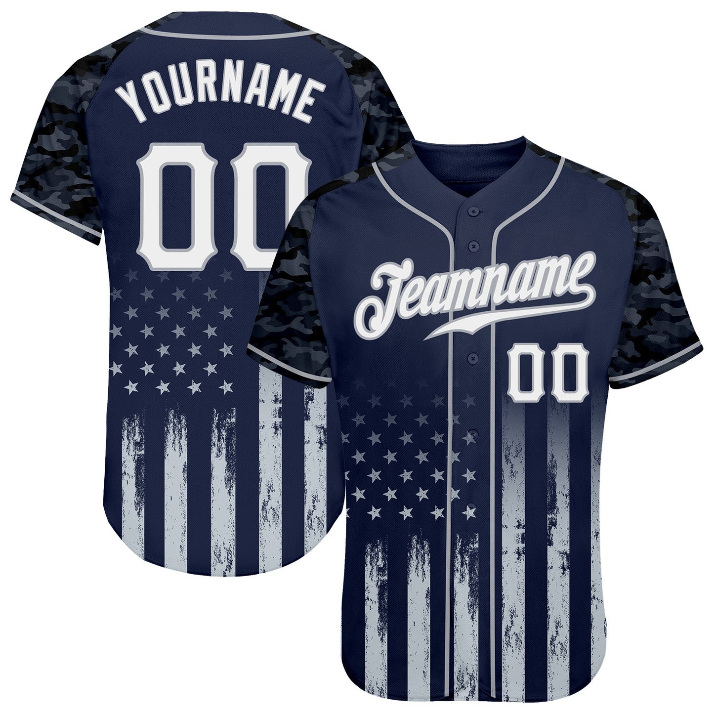Custom Navy White-Gray Camo Raglan Sleeves American Flag Patriotic Authentic Baseball Jersey baseball jersey product view 1