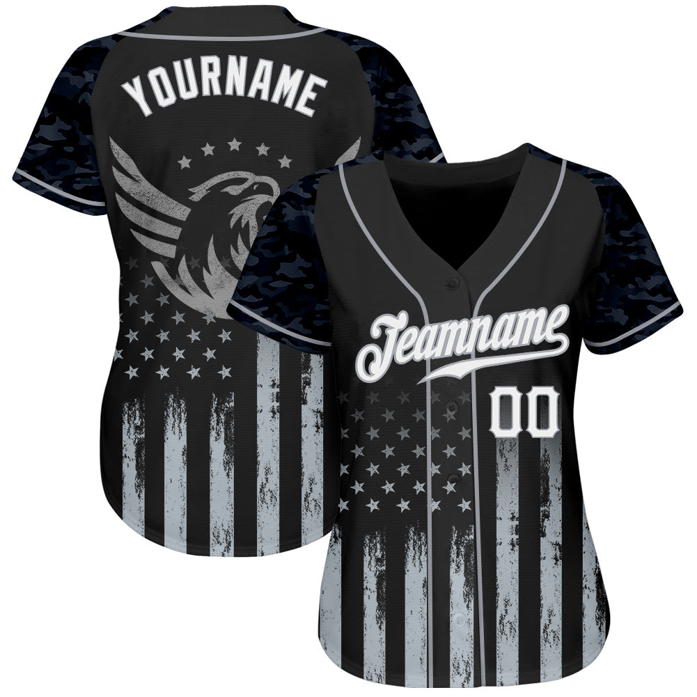Custom Black White-Gray Camo Raglan Sleeves American Flag Eagle Patriotic Authentic Baseball Jersey baseball jersey product view 2