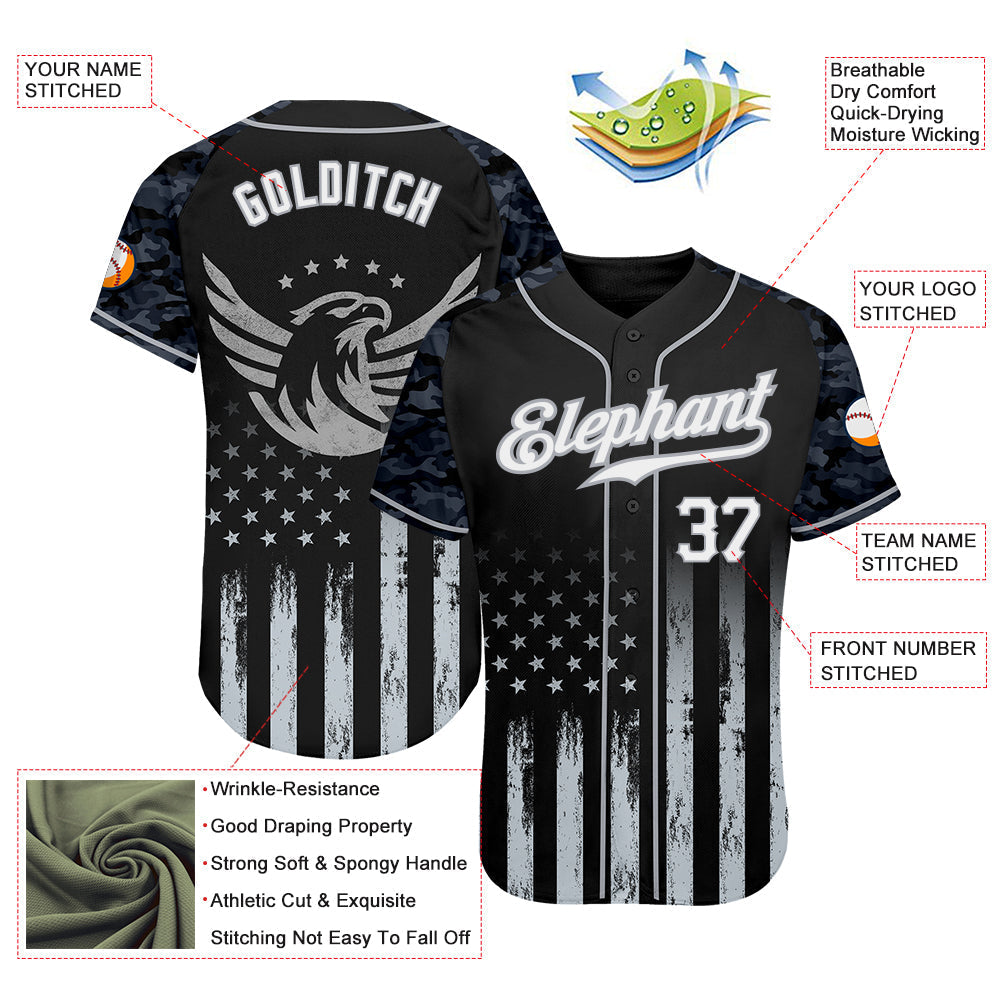 Custom Black White-Gray Camo Raglan Sleeves American Flag Eagle Patriotic Authentic Baseball Jersey baseball jersey product view 3