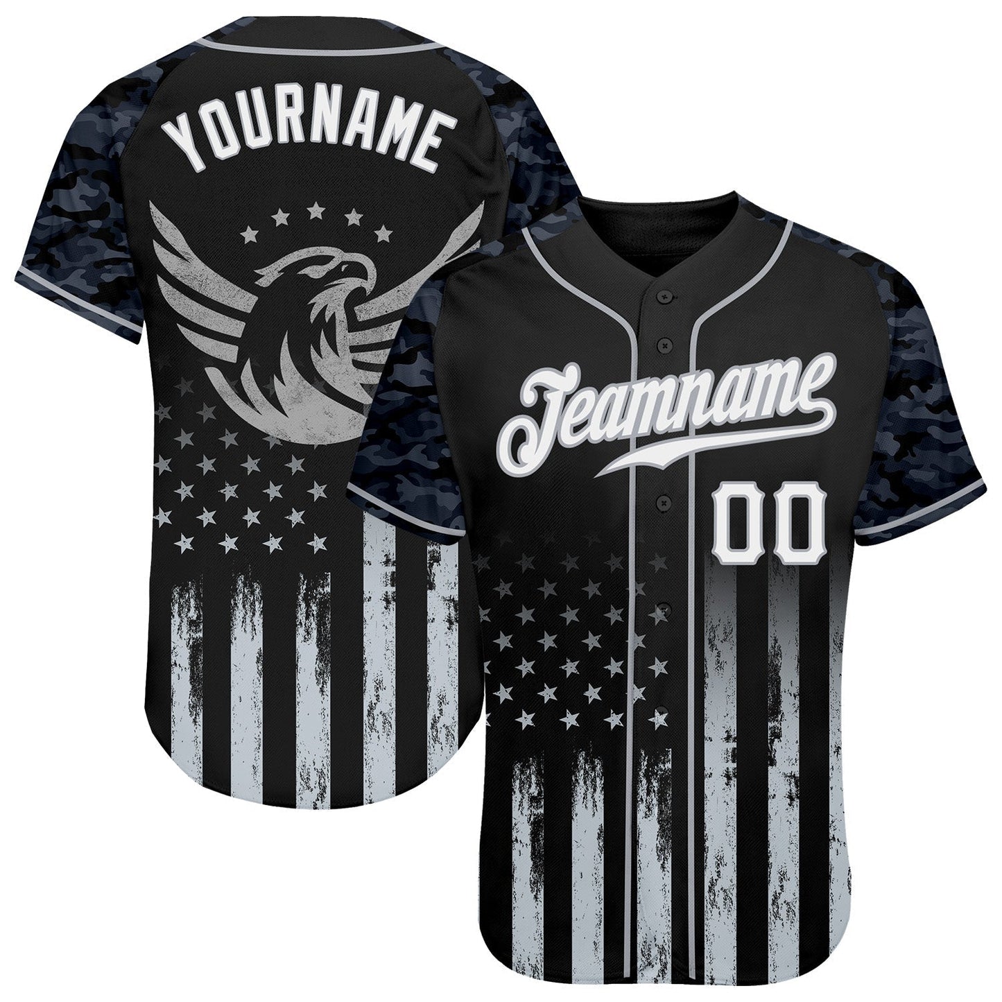 Custom Black White-Gray Camo Raglan Sleeves American Flag Eagle Patriotic Authentic Baseball Jersey baseball jersey product view 1