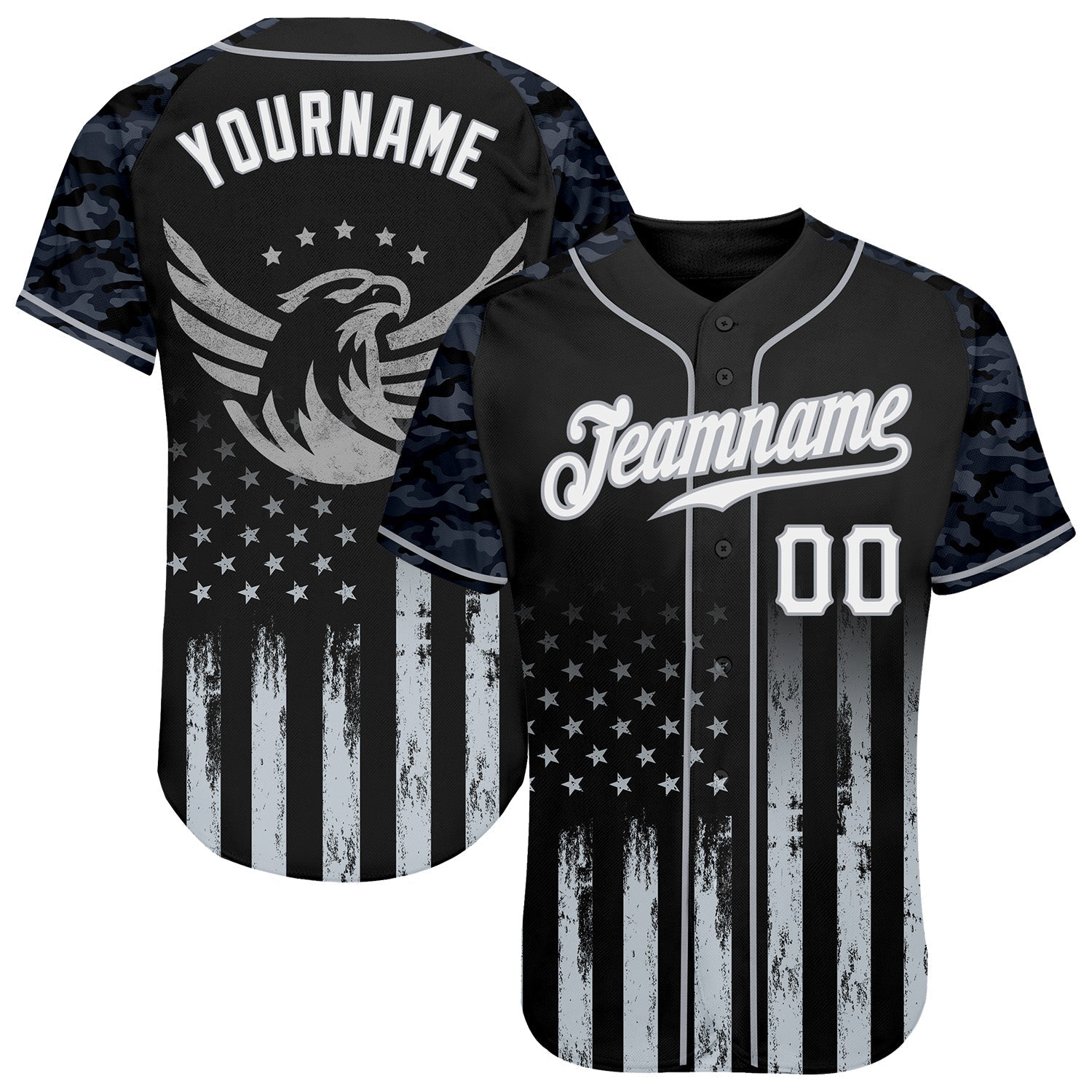Custom Black White-Gray Camo Raglan Sleeves American Flag Eagle Patriotic Authentic Baseball Jersey baseball jersey product view 1