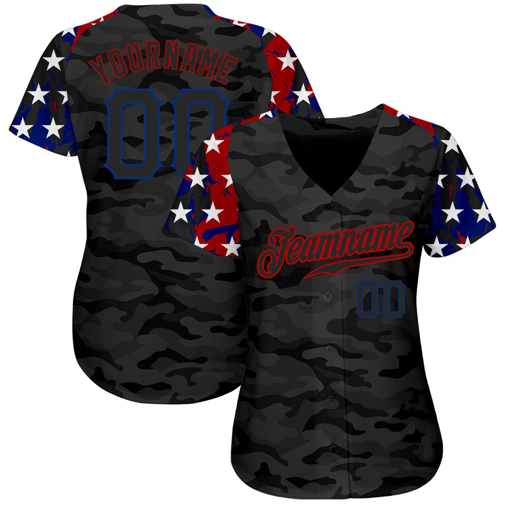 Custom Camo Black Royal-Red American Flag Star Raglan Sleeves Patriotic Authentic Baseball Jersey baseball jersey product view 2