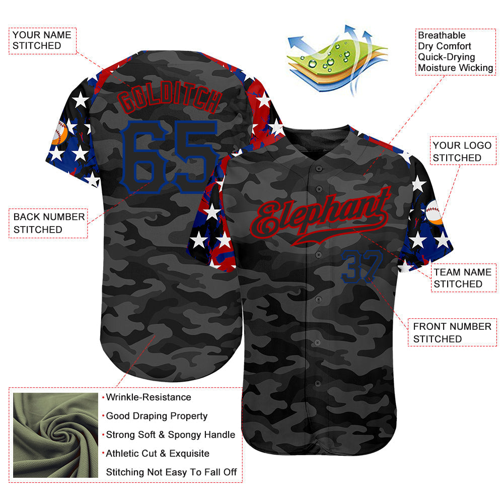 Custom Camo Black Royal-Red American Flag Star Raglan Sleeves Patriotic Authentic Baseball Jersey baseball jersey product view 3