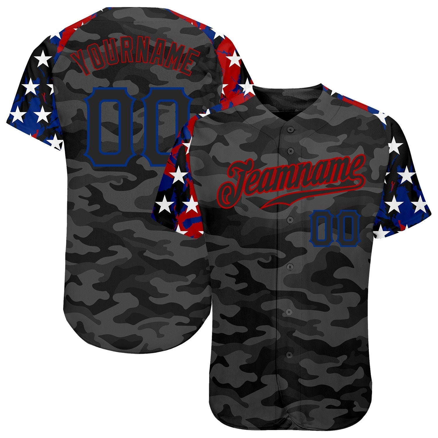 Custom Camo Black Royal-Red American Flag Star Raglan Sleeves Patriotic Authentic Baseball Jersey baseball jersey product view 1