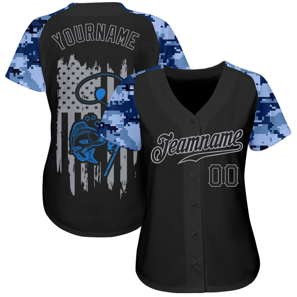 Custom Black Gray American Flag Patriotic Camo Raglan Sleeves Fishing Authentic Baseball Jersey baseball jersey product view 2