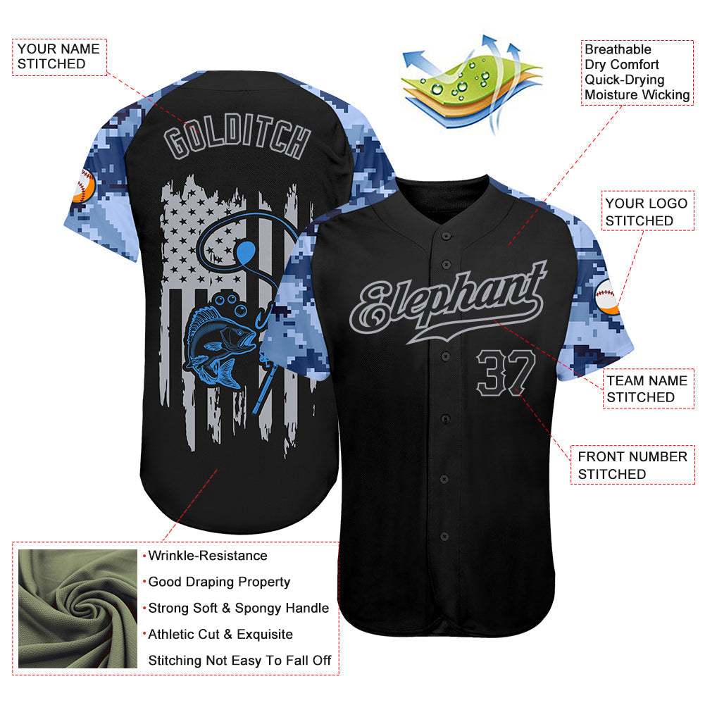 Custom Black Gray American Flag Patriotic Camo Raglan Sleeves Fishing Authentic Baseball Jersey baseball jersey product view 3