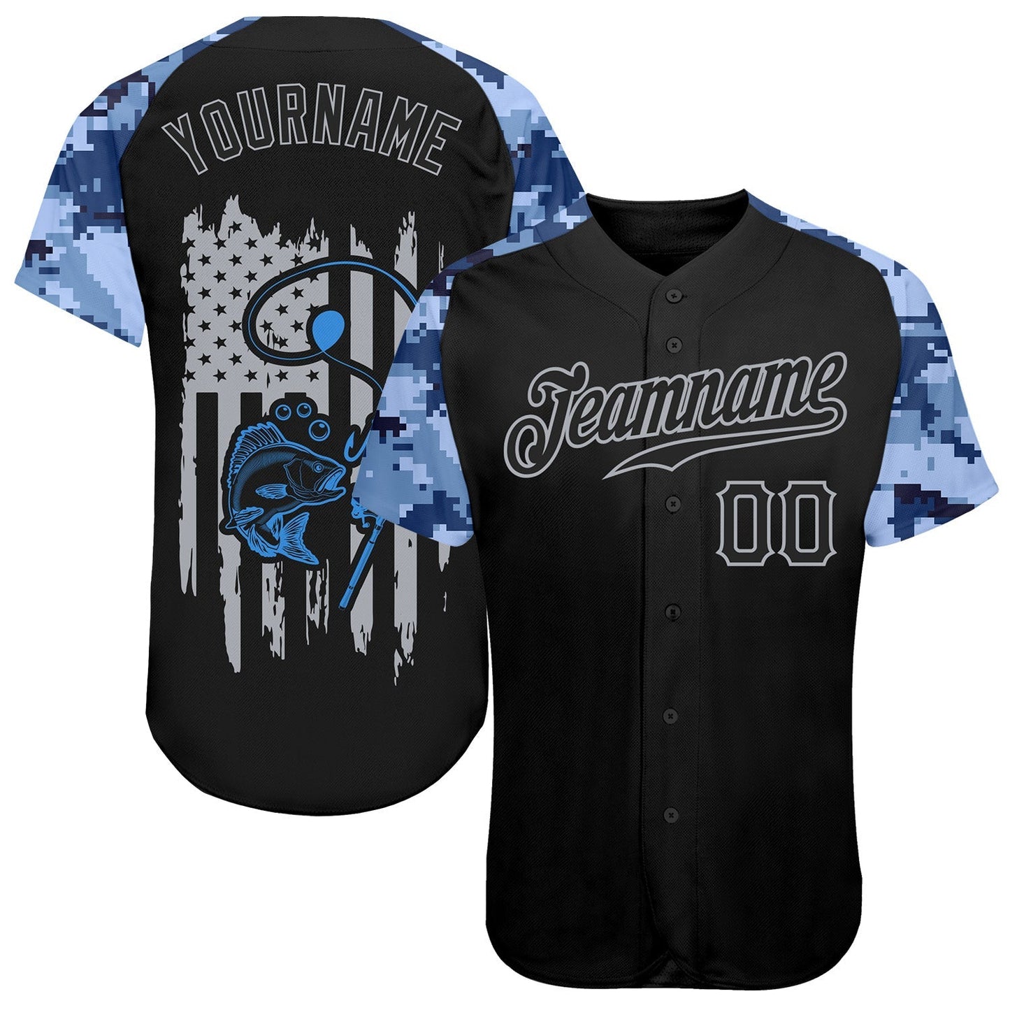 Custom Black Gray American Flag Patriotic Camo Raglan Sleeves Fishing Authentic Baseball Jersey baseball jersey product view 1