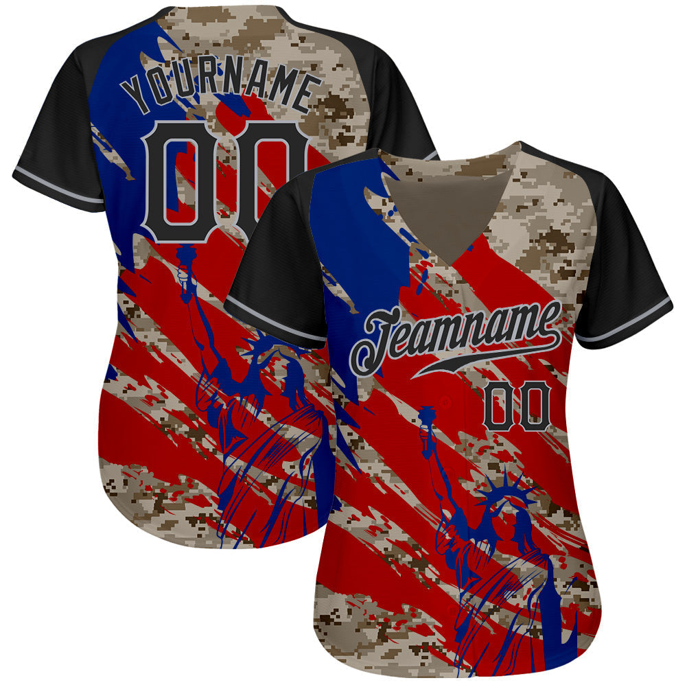Custom Camo Black Red-Gray American Flag Statue Of Liberty Patriotic Splatter Raglan Sleeves Authentic Baseball Jersey baseball jersey product view 2