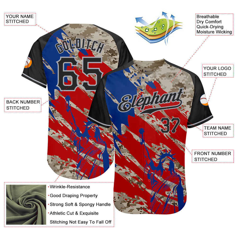 Custom Camo Black Red-Gray American Flag Statue Of Liberty Patriotic Splatter Raglan Sleeves Authentic Baseball Jersey baseball jersey product view 3