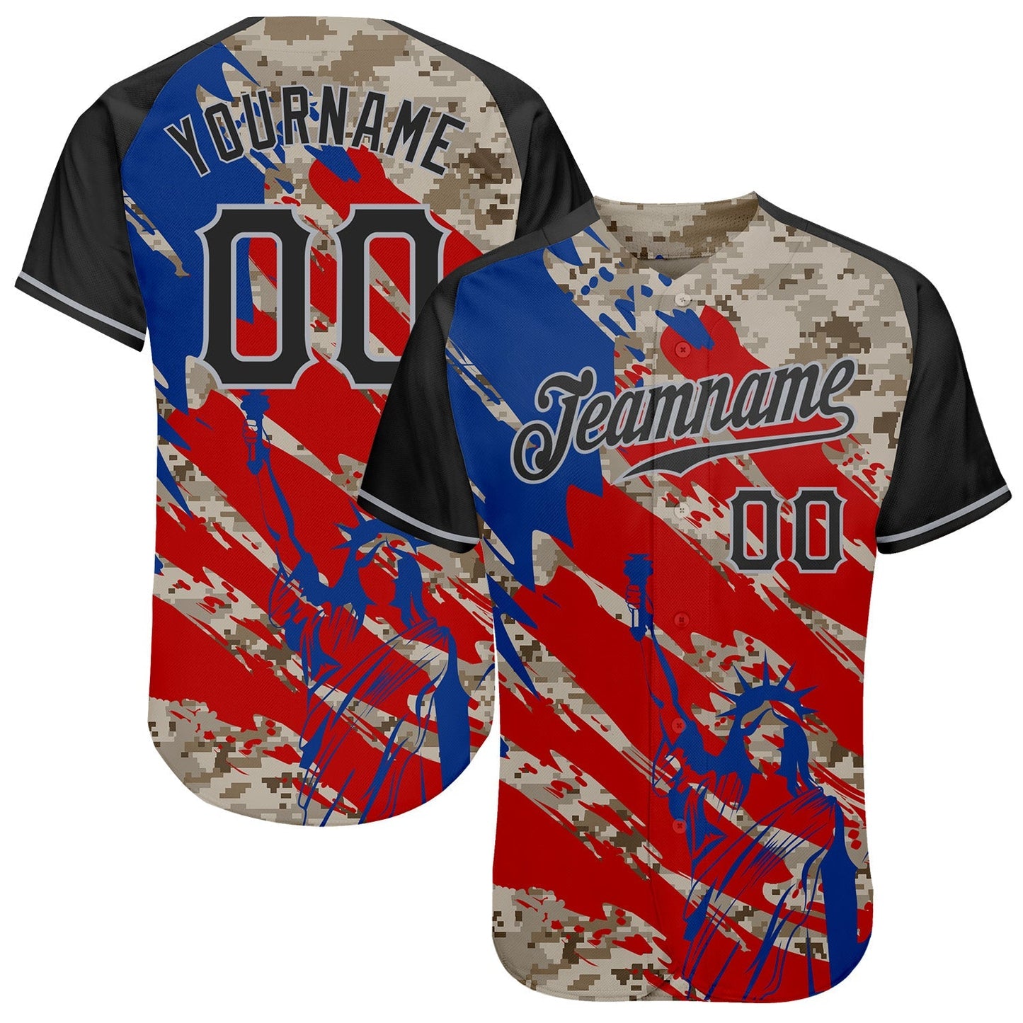 Custom Camo Black Red-Gray American Flag Statue Of Liberty Patriotic Splatter Raglan Sleeves Authentic Baseball Jersey baseball jersey product view 1