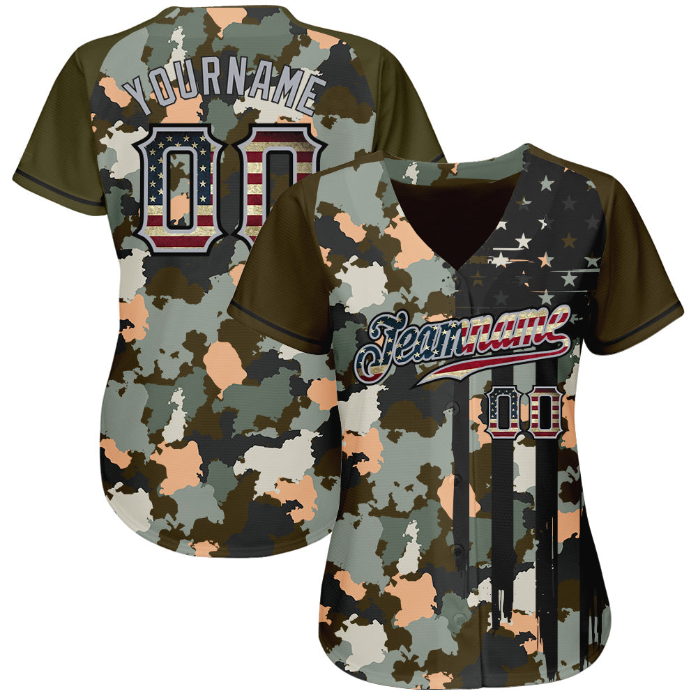 Custom Camo Vintage USA Flag Olive Gray-Black Patriotic Raglan Sleeves Authentic Baseball Jersey baseball jersey product view 2