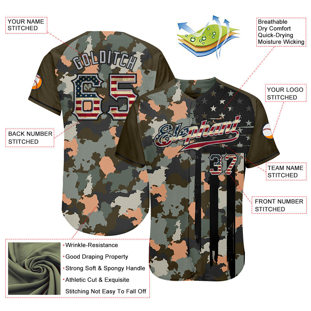 Custom Camo Vintage USA Flag Olive Gray-Black Patriotic Raglan Sleeves Authentic Baseball Jersey baseball jersey product view 3