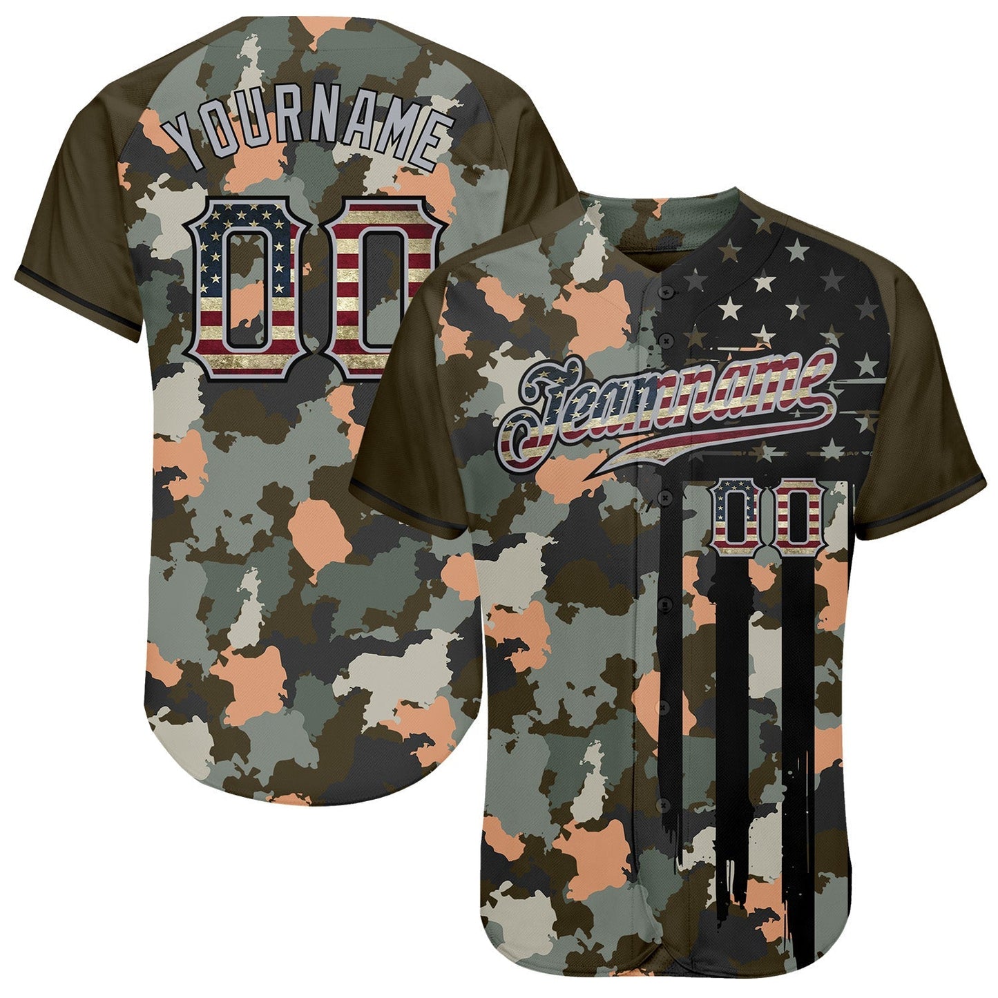 Custom Camo Vintage USA Flag Olive Gray-Black Patriotic Raglan Sleeves Authentic Baseball Jersey baseball jersey product view 1