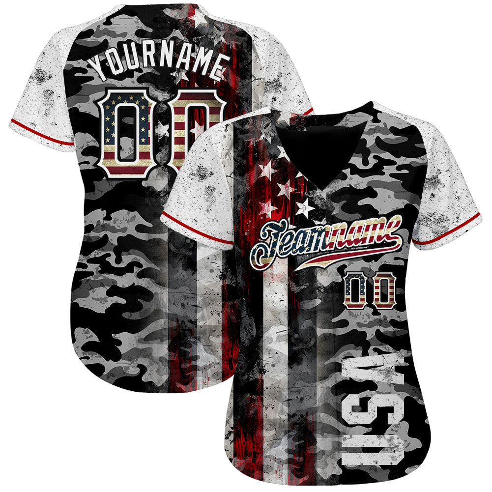 Custom Camo Vintage USA Flag Black Red-White Patriotic Grunge Raglan Sleeves Authentic Baseball Jersey baseball jersey product view 2