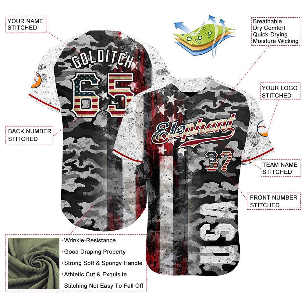 Custom Camo Vintage USA Flag Black Red-White Patriotic Grunge Raglan Sleeves Authentic Baseball Jersey baseball jersey product view 3