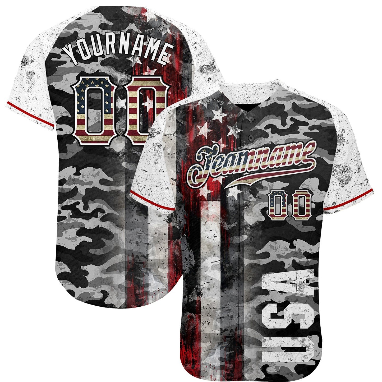 Custom Camo Vintage USA Flag Black Red-White Patriotic Grunge Raglan Sleeves Authentic Baseball Jersey baseball jersey product view 1