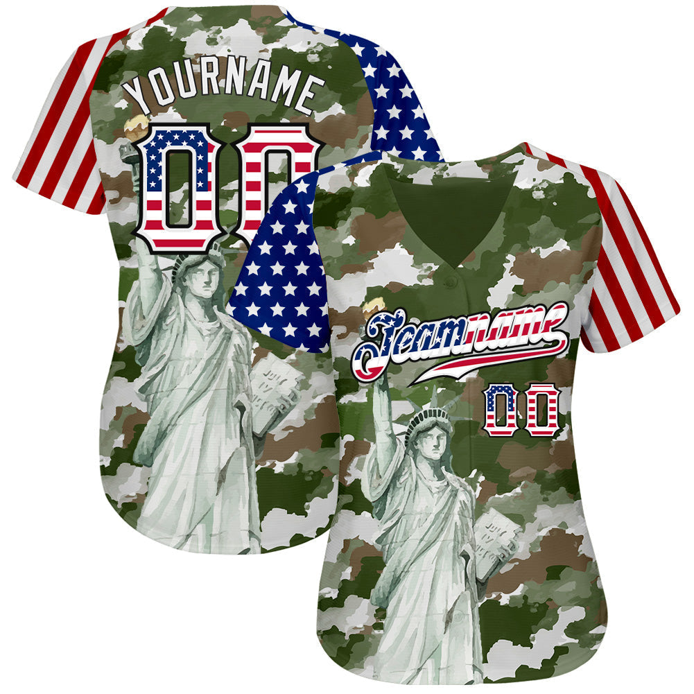 Custom Camo USA Flag Red Blue Black-White Statue Of Liberty Patriotic Stars & Stripes Raglan Sleeves Authentic Baseball Jersey baseball jersey product view 2