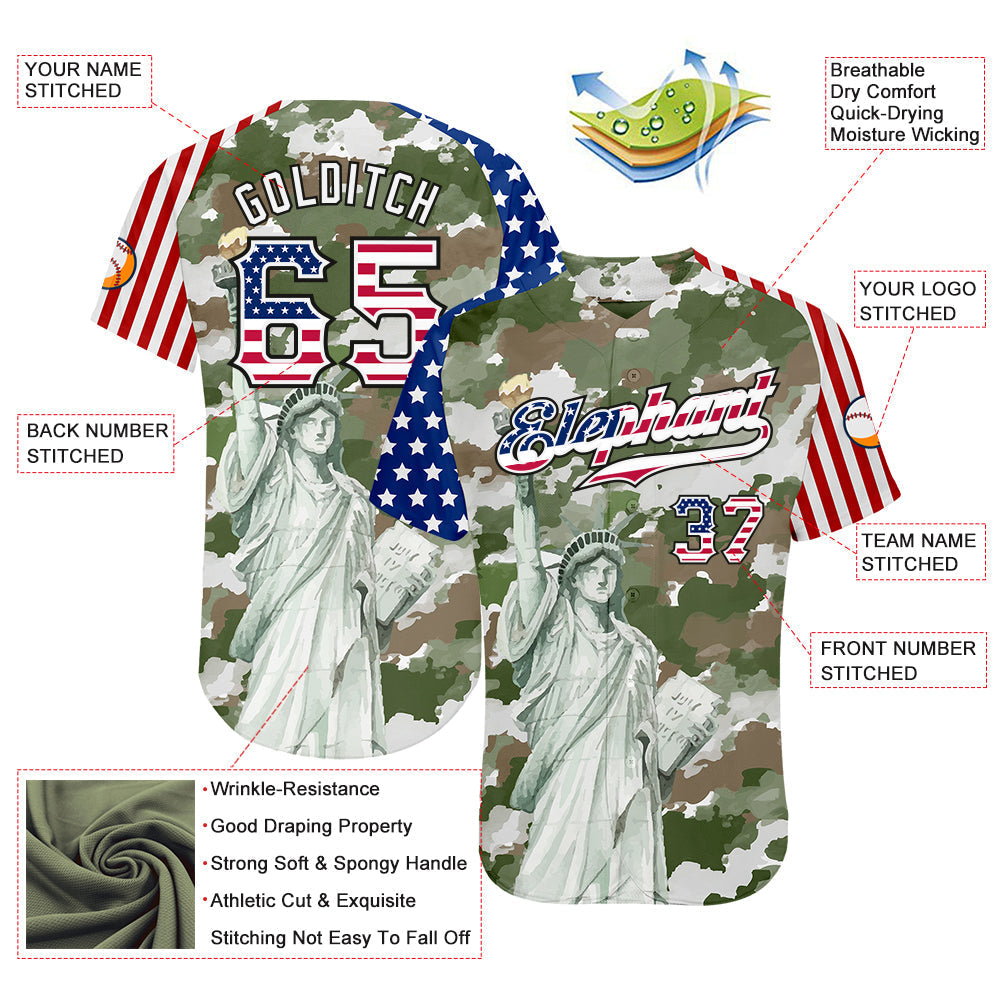 Custom Camo USA Flag Red Blue Black-White Statue Of Liberty Patriotic Stars & Stripes Raglan Sleeves Authentic Baseball Jersey baseball jersey product view 3